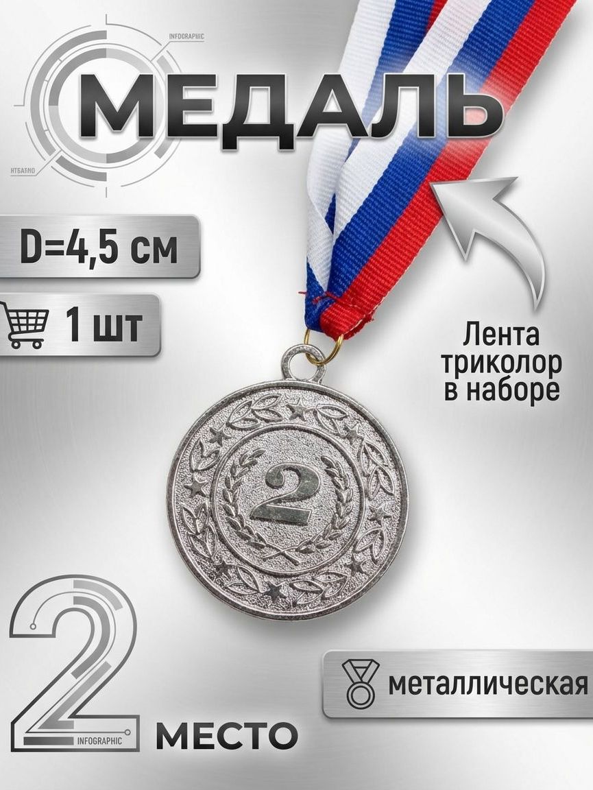МЕДАЛЬ С ЛЕНТОЙ ТРИКОЛОР 2 МЕСТО/d=4,5 см-1ШТ